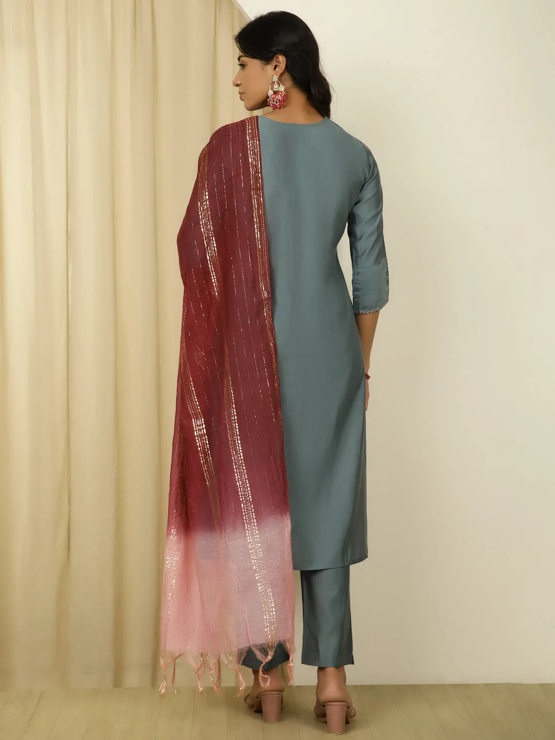 Silk Blend Grey Embroidered Suit Set