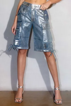 Silver Metallic Cargo Jorts