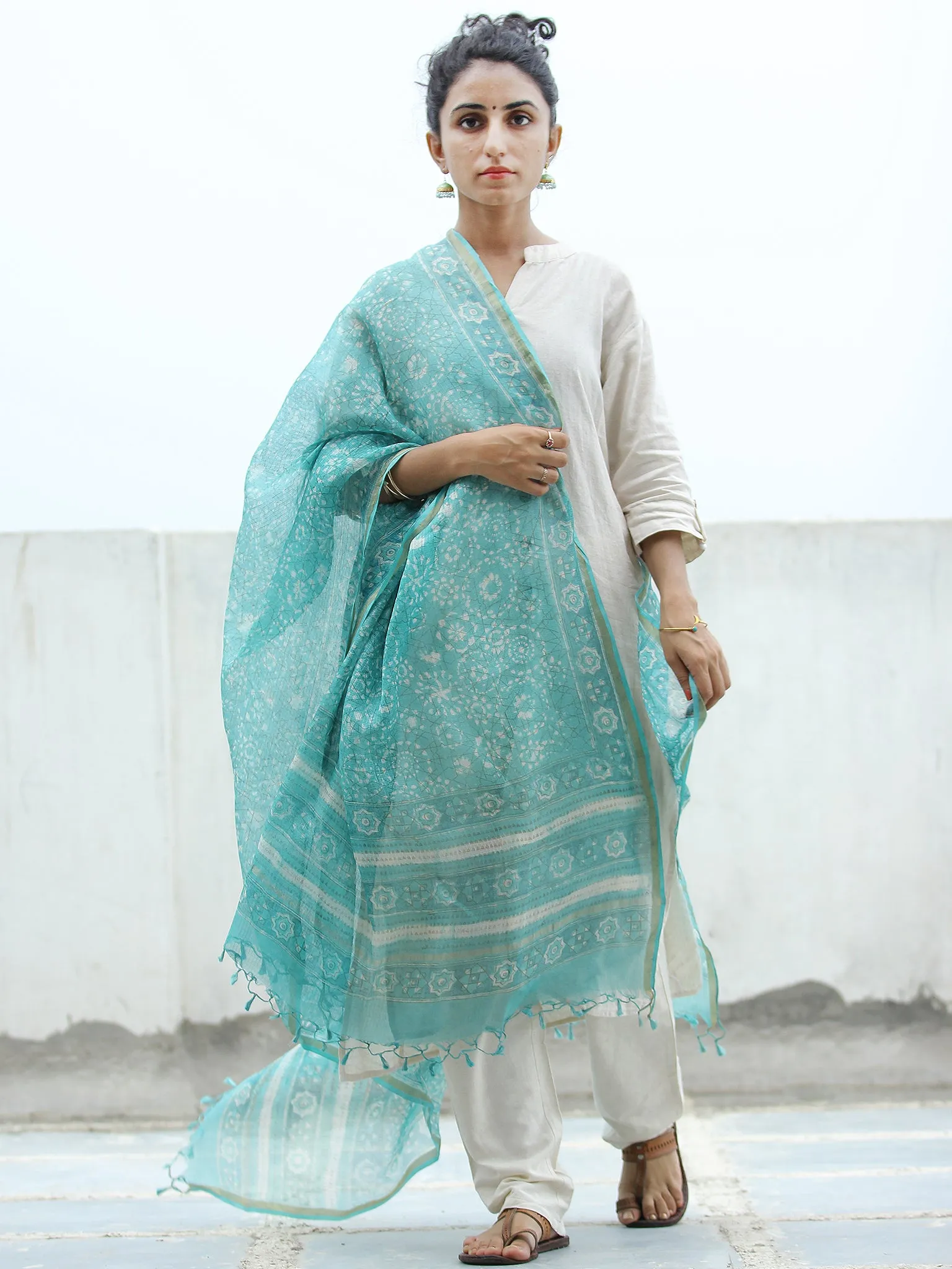 Sky Blue White Ivory Kota Silk Hand Block Printed Dupatta - D04170345