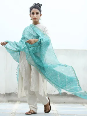 Sky Blue White Ivory Kota Silk Hand Block Printed Dupatta - D04170345