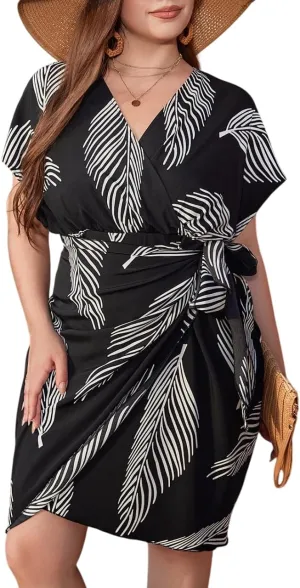 SOLY HUX Women's Plus Size Leaf Print Dress V Neck Wrap Tie Side Short Sleeve Boho Short Dresses