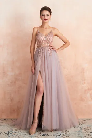 Spaghetti Straps V-neck Sheer Top Tulle Long Prom Dresses with Side Slit