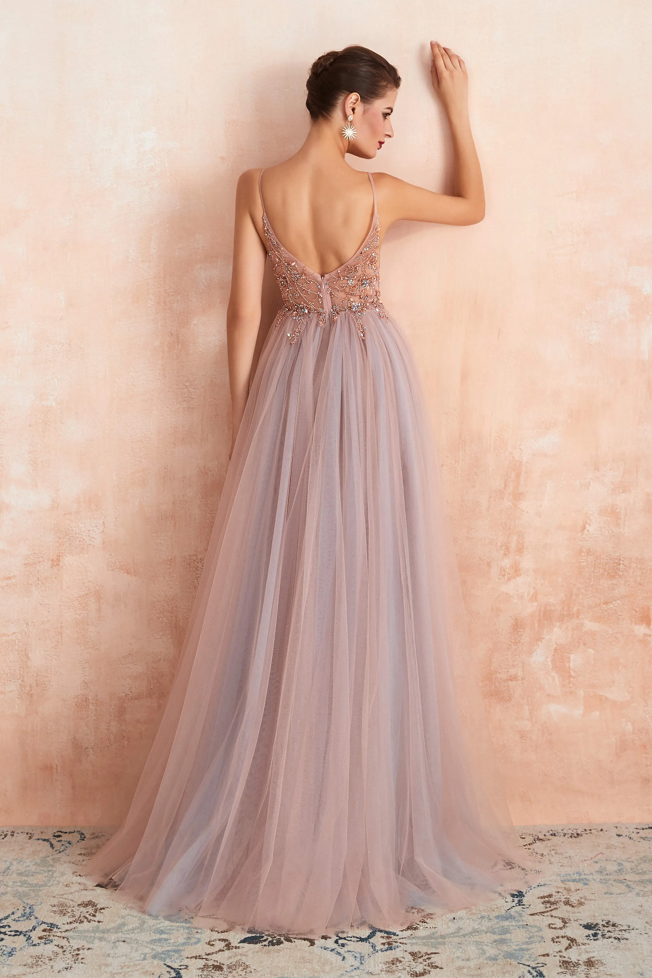 Spaghetti Straps V-neck Sheer Top Tulle Long Prom Dresses with Side Slit