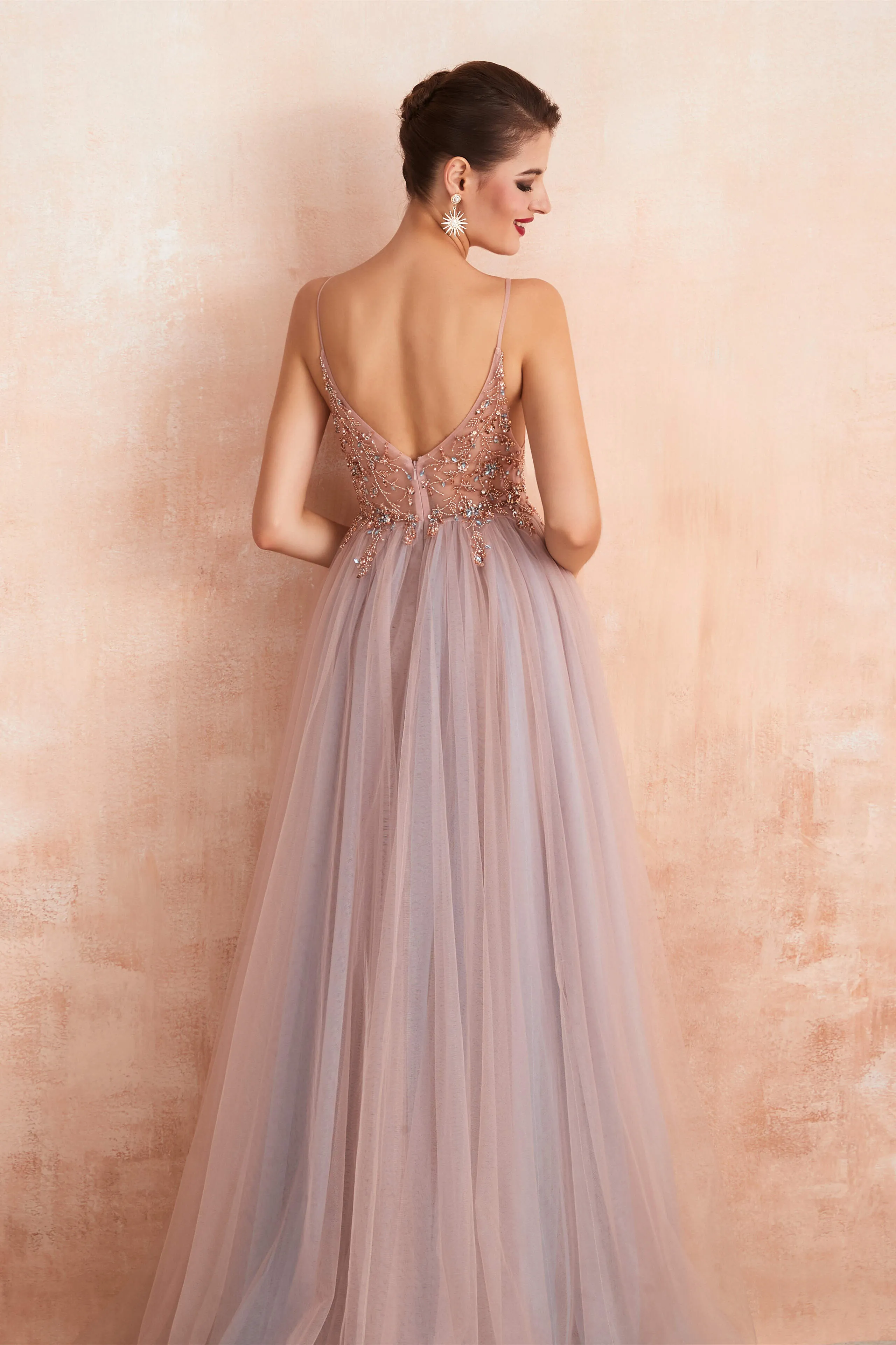 Spaghetti Straps V-neck Sheer Top Tulle Long Prom Dresses with Side Slit