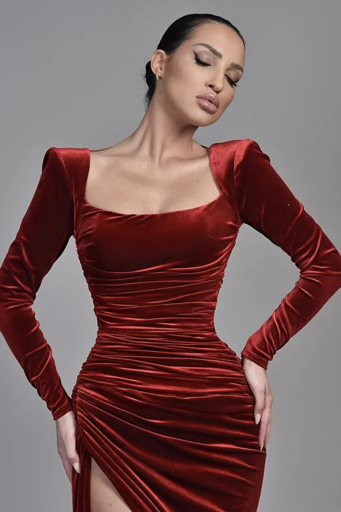 Square Neck Velvet Evening Dress with Long Sleeves with High Slit
