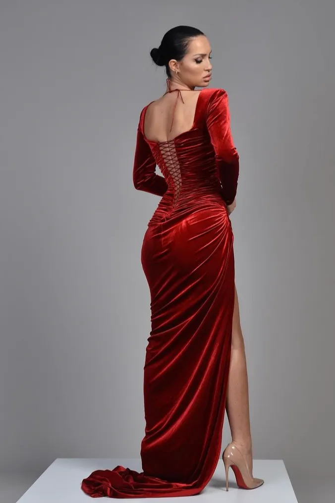 Square Neck Velvet Evening Dress with Long Sleeves with High Slit