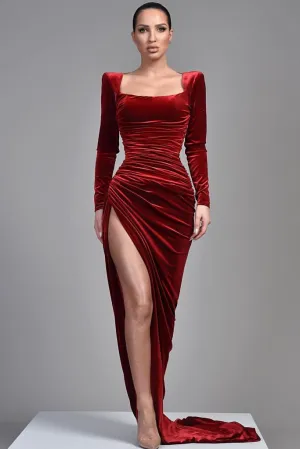 Square Neck Velvet Evening Dress with Long Sleeves with High Slit