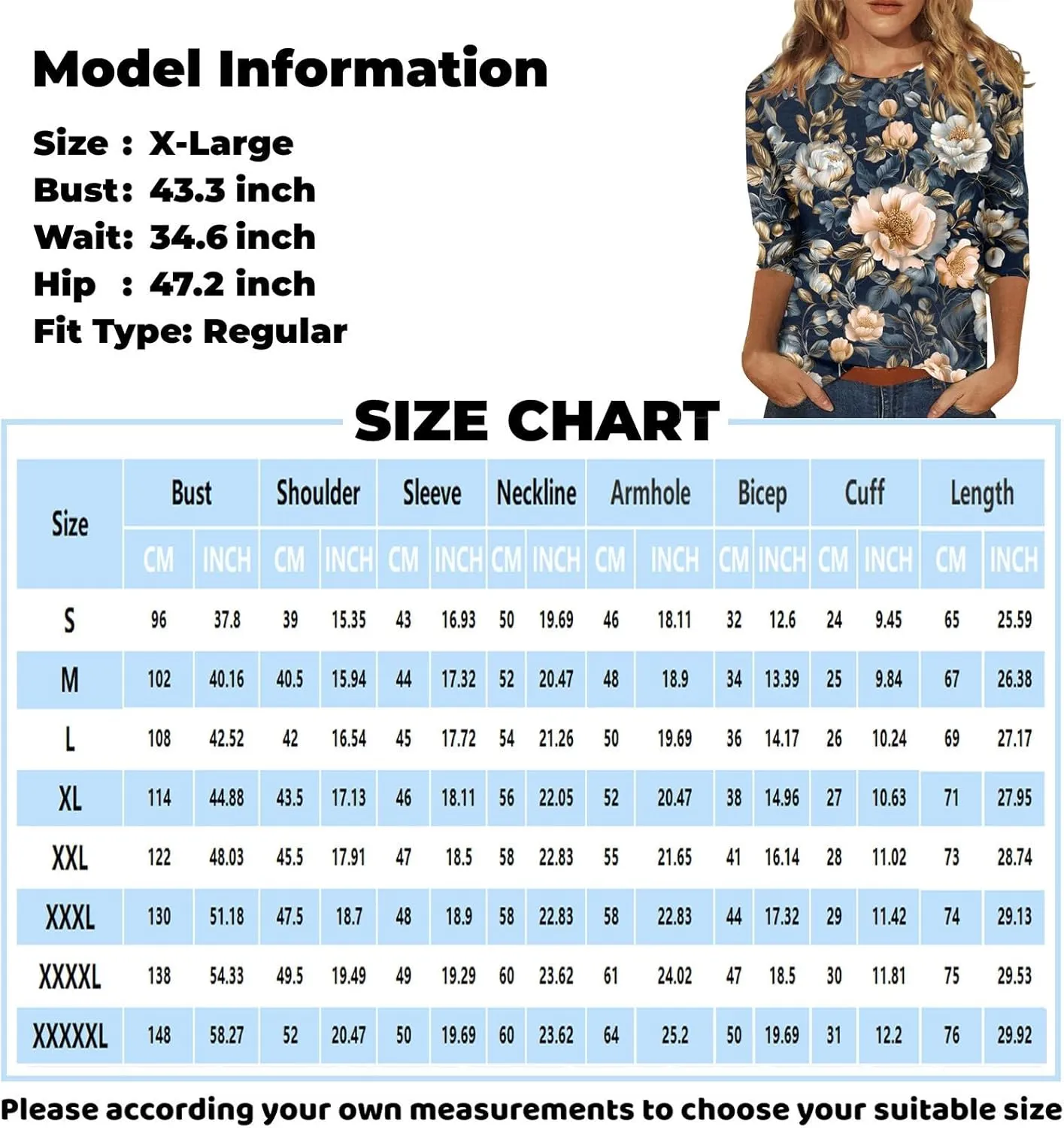 Summer Shirts for Women 3/4 Length Sleeve Crewneck Tops Trendy Loose Casual Printed Three Quarter Cute Blouse