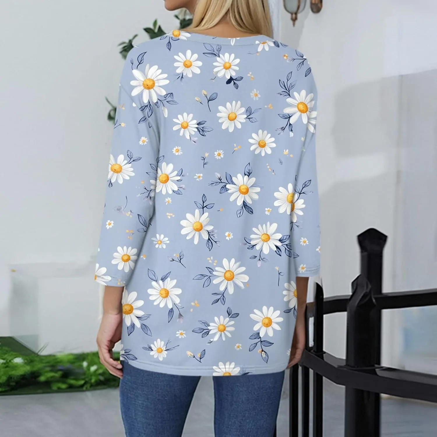 Summer Shirts for Women 3/4 Length Sleeve Crewneck Tops Trendy Loose Casual Printed Three Quarter Cute Blouse