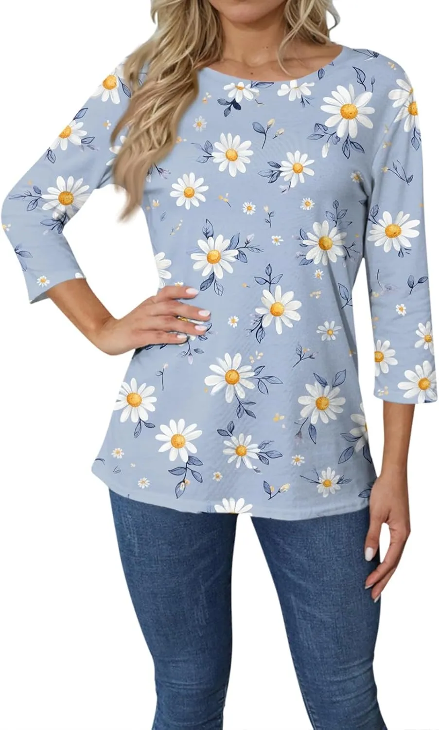 Summer Shirts for Women 3/4 Length Sleeve Crewneck Tops Trendy Loose Casual Printed Three Quarter Cute Blouse