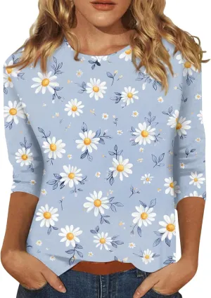 Summer Shirts for Women 3/4 Length Sleeve Crewneck Tops Trendy Loose Casual Printed Three Quarter Cute Blouse