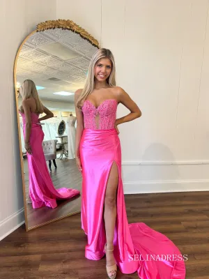 Sweetheart Hot Pink Lace Long Prom Dress With Slit lps019