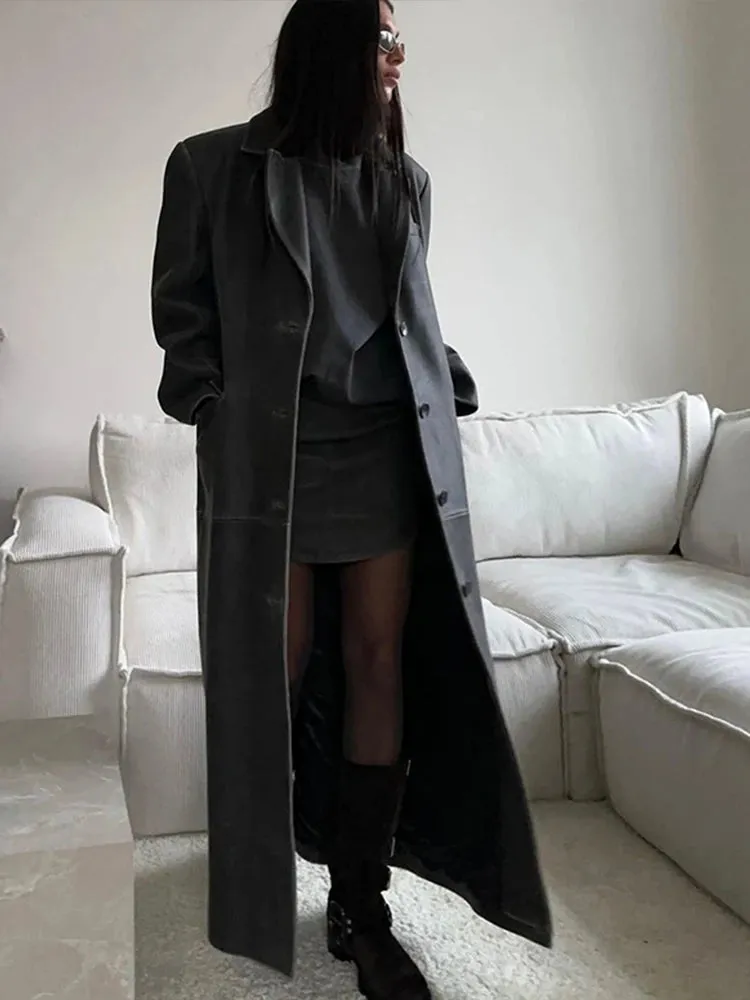 TAVIMART  -  Retro Long Leather Jackets Women Street Lapel Full Sleeves Pocket Overcoat Autumn Chic Lady Commuting Trench Coats Outwears