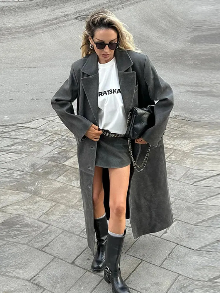 TAVIMART  -  Retro Long Leather Jackets Women Street Lapel Full Sleeves Pocket Overcoat Autumn Chic Lady Commuting Trench Coats Outwears