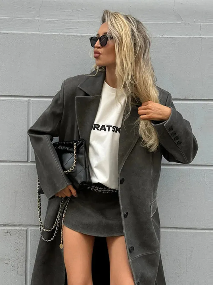 TAVIMART  -  Retro Long Leather Jackets Women Street Lapel Full Sleeves Pocket Overcoat Autumn Chic Lady Commuting Trench Coats Outwears