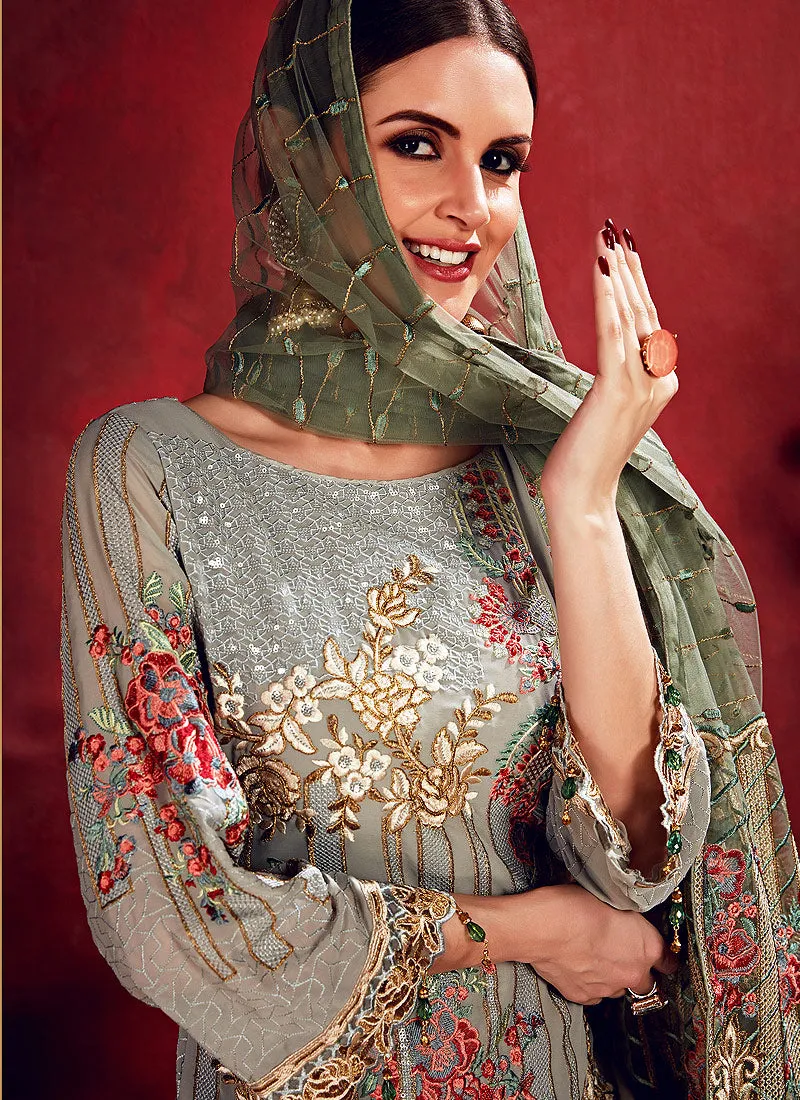 Teal Blue Embroidered Pakistani Pants Suit