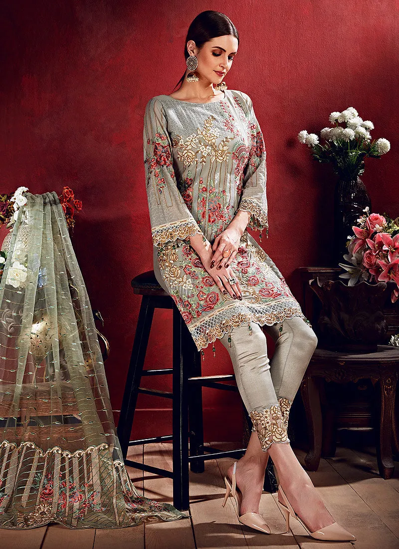Teal Blue Embroidered Pakistani Pants Suit