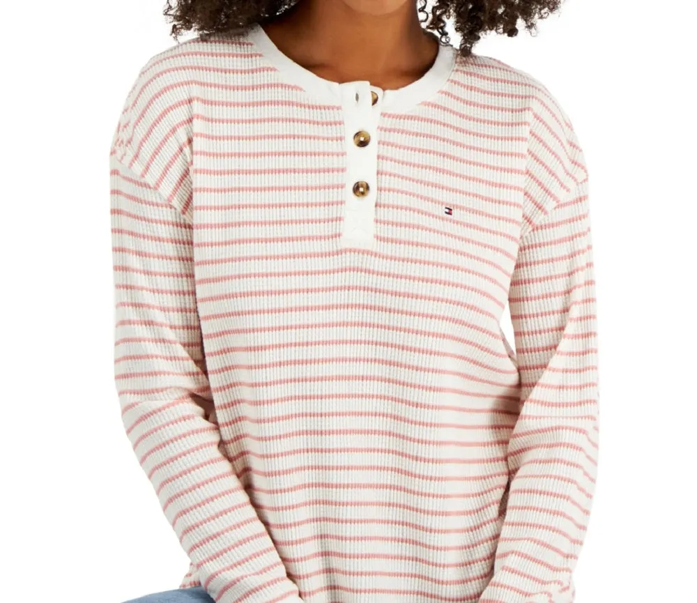 Tommy Hilfiger Women's Long Sleeve Striped Boxy Henley Top Pink Size X-Large