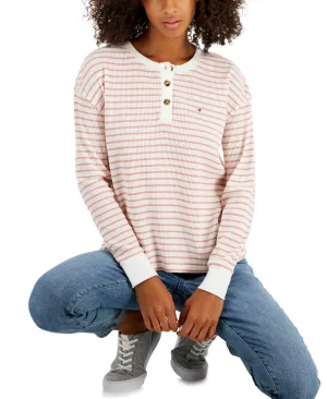 Tommy Hilfiger Women's Long Sleeve Striped Boxy Henley Top Pink Size X-Large