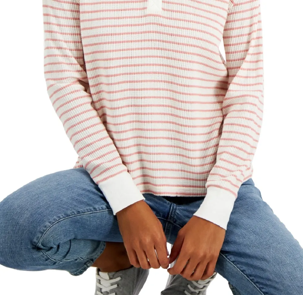 Tommy Hilfiger Women's Long Sleeve Striped Boxy Henley Top Pink Size X-Large