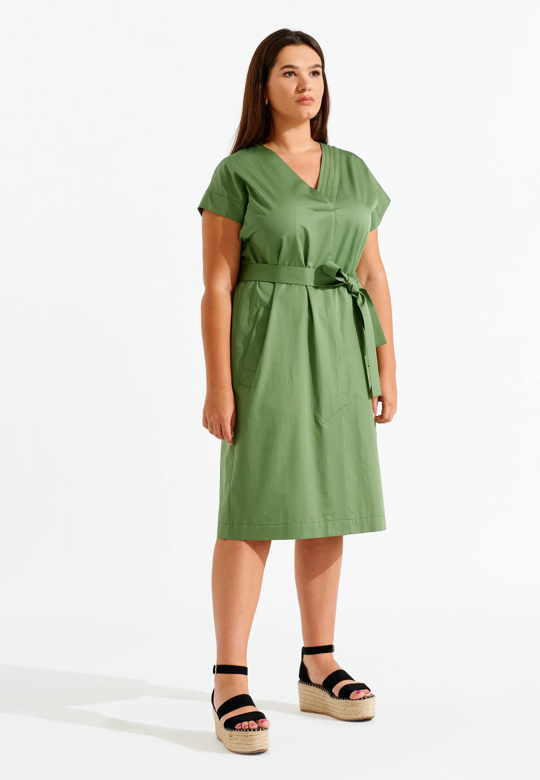 V-Neck Belted Midi Dress