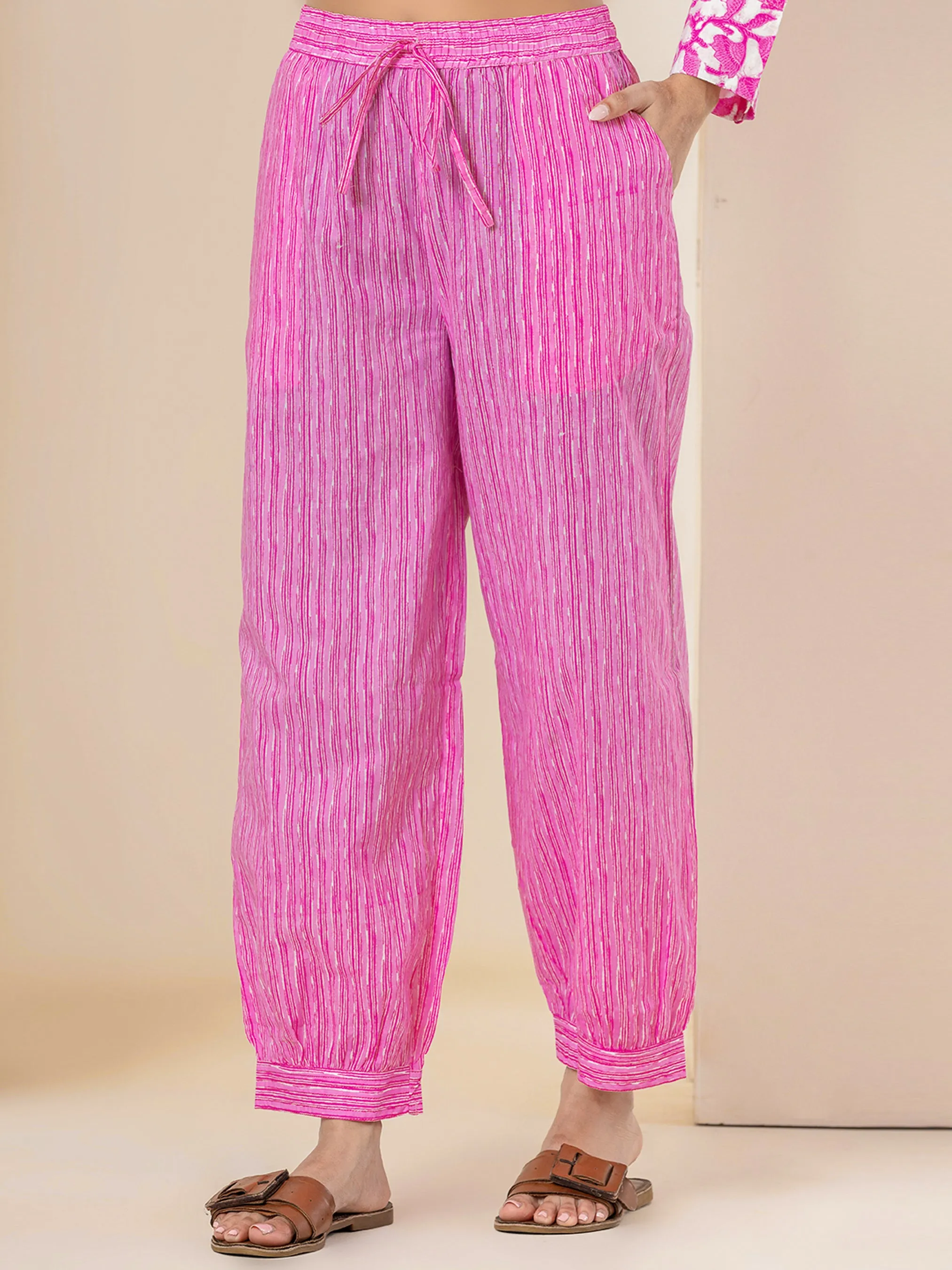 V Neck Taffy Pink Pure Cotton Hand Printed Loungewear