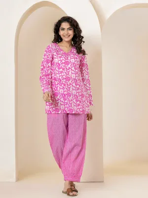 V Neck Taffy Pink Pure Cotton Hand Printed Loungewear