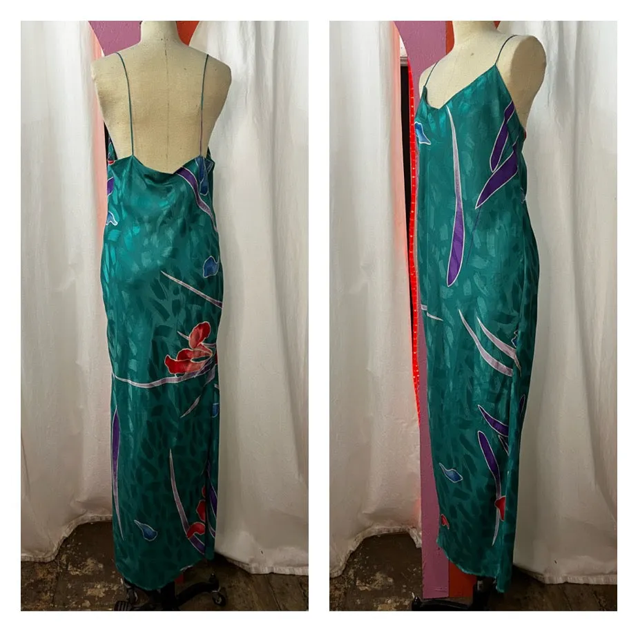 Vintage 80s | Flora Kung Abstract Print Full Length Slip Dress with Slit | L