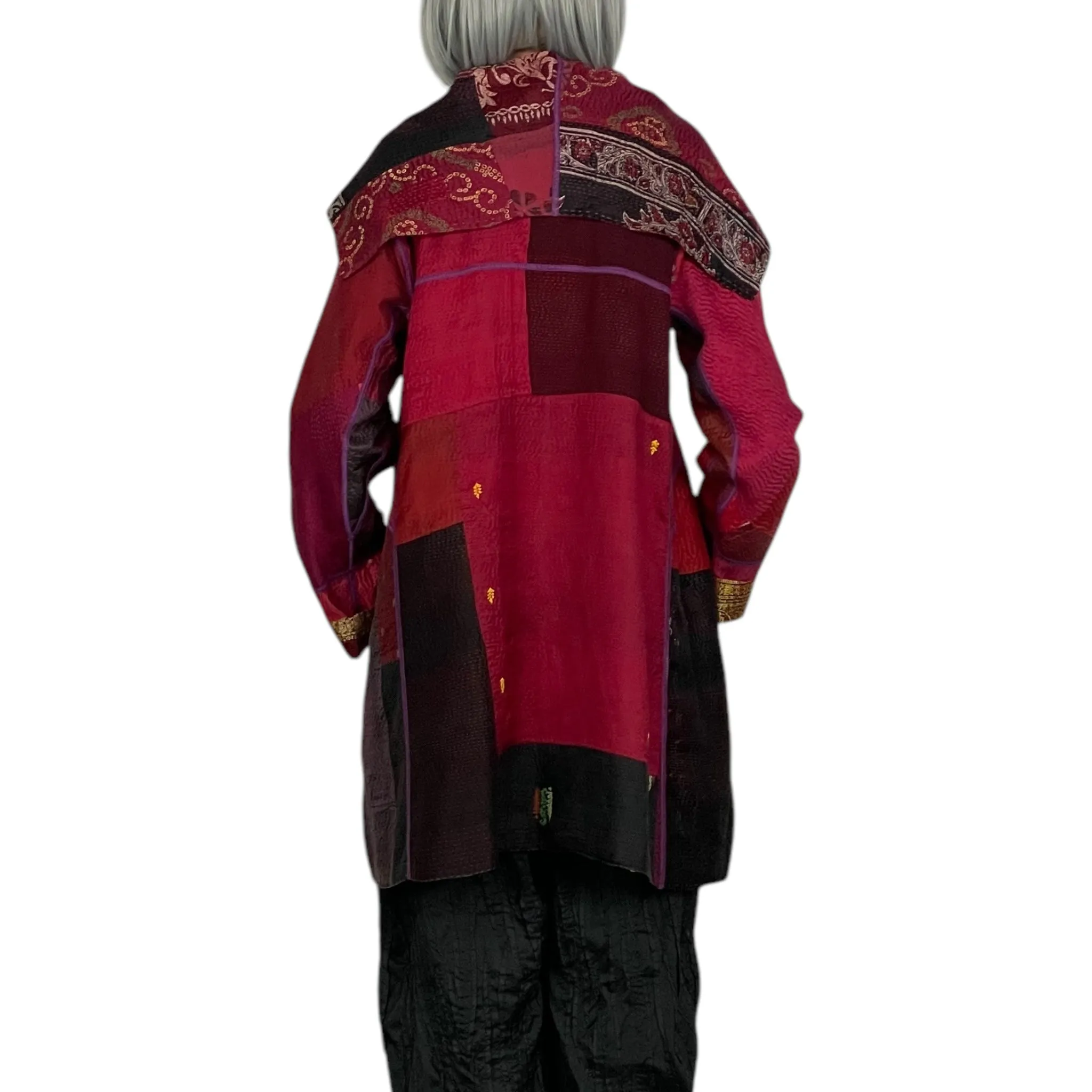 VINTAGE SILK KANTHA PATCH A-LINE COAT