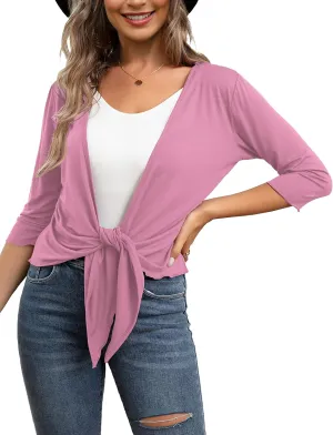 VOIANLIMO Women's Tie Front Casual 3/4 Sleeve Cropped Bolero Lightweight Sheer Shrug Cardigans S-XL