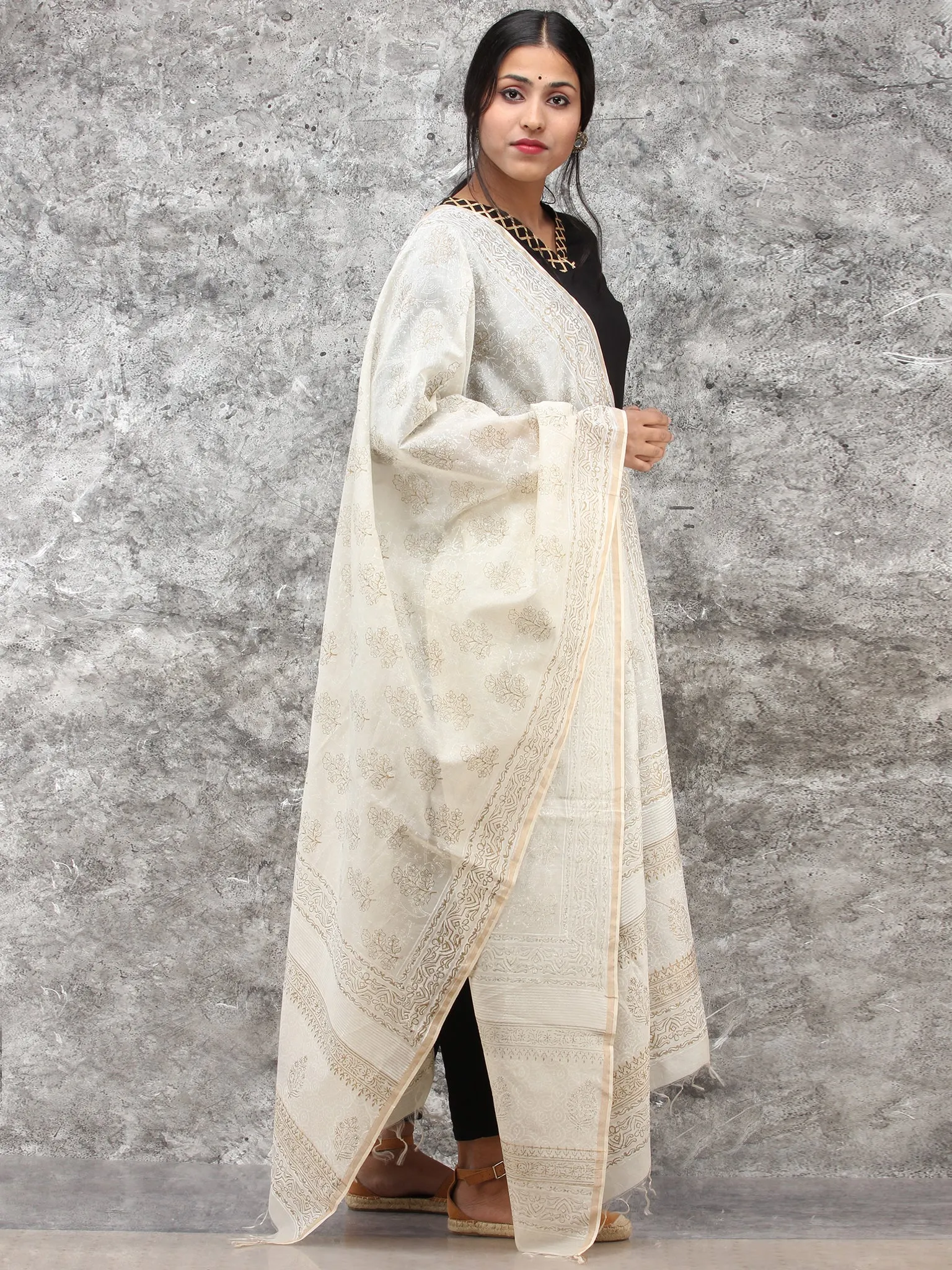 White Gold Chanderi Hand Block Printed Dupatta - D04170777