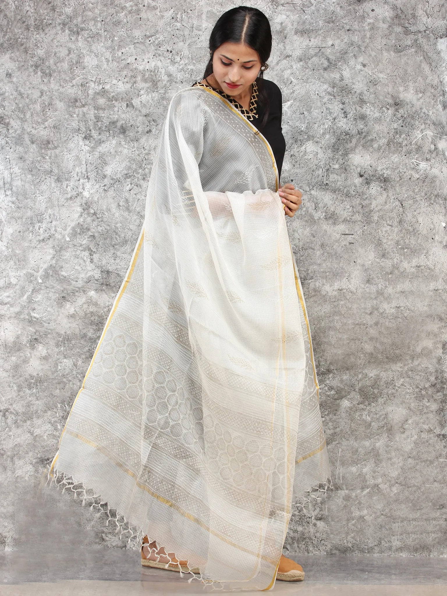 White Gold Kota Silk Hand Block Printed Dupatta - D04170782