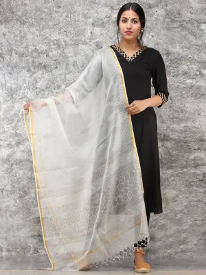 White Gold Kota Silk Hand Block Printed Dupatta - D04170782