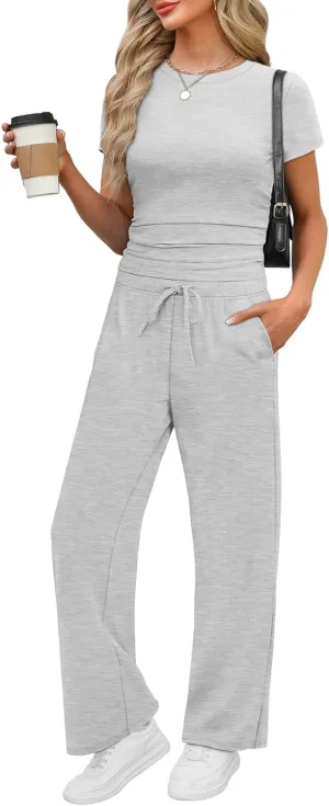 WIHOLL 2 Piece Sets for Women Summer Travel Vacation Outfits Workout Ruched Tops Wide Leg Pants Lounge Sets