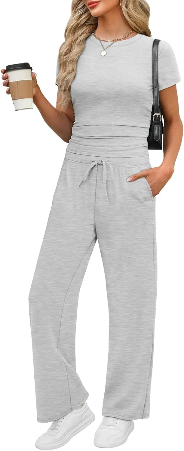WIHOLL 2 Piece Sets for Women Summer Travel Vacation Outfits Workout Ruched Tops Wide Leg Pants Lounge Sets