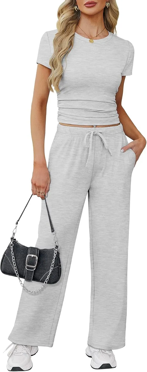 WIHOLL 2 Piece Sets for Women Summer Travel Vacation Outfits Workout Ruched Tops Wide Leg Pants Lounge Sets