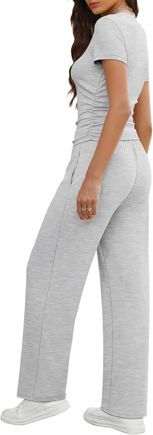 WIHOLL 2 Piece Sets for Women Summer Travel Vacation Outfits Workout Ruched Tops Wide Leg Pants Lounge Sets