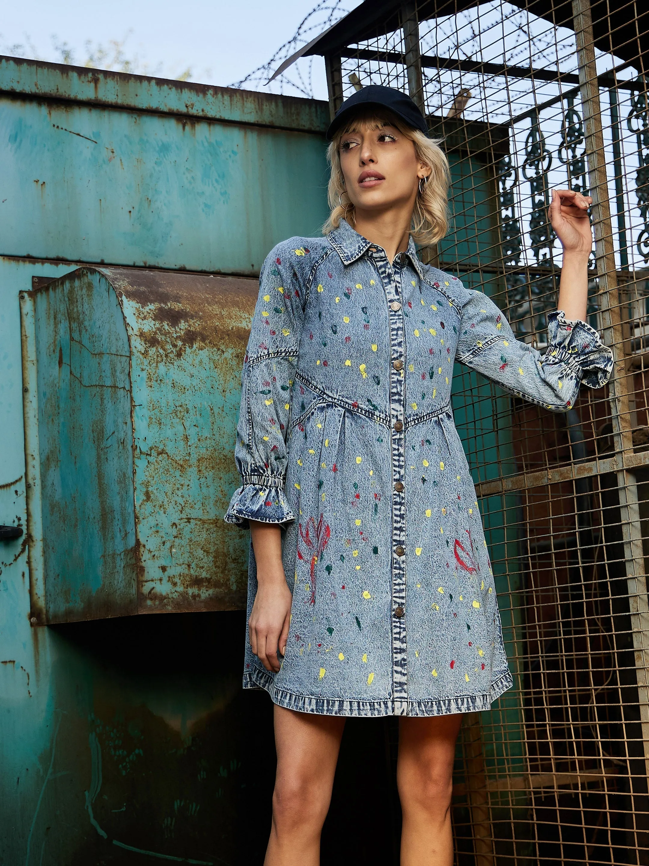Women Blue Spray Painted Front Open Skater Dress