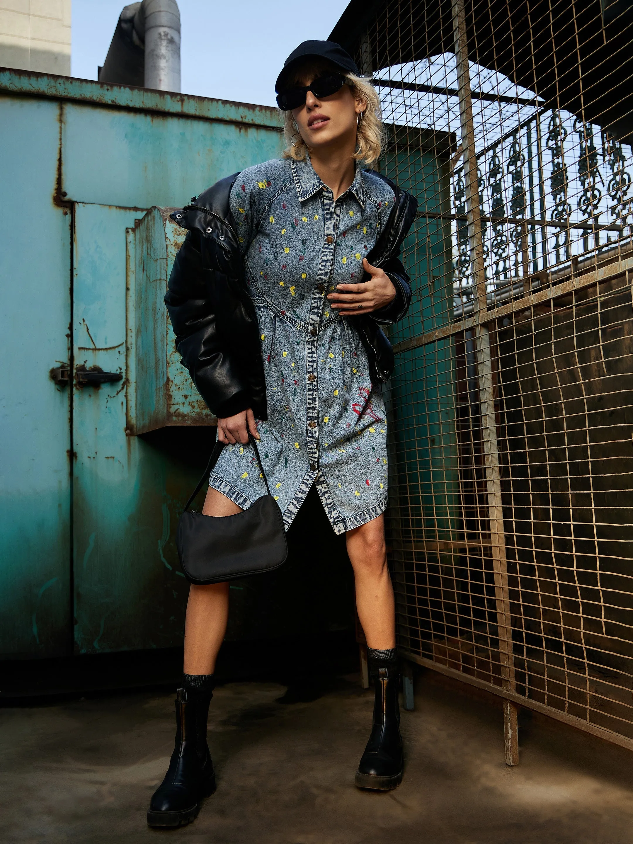 Women Blue Spray Painted Front Open Skater Dress