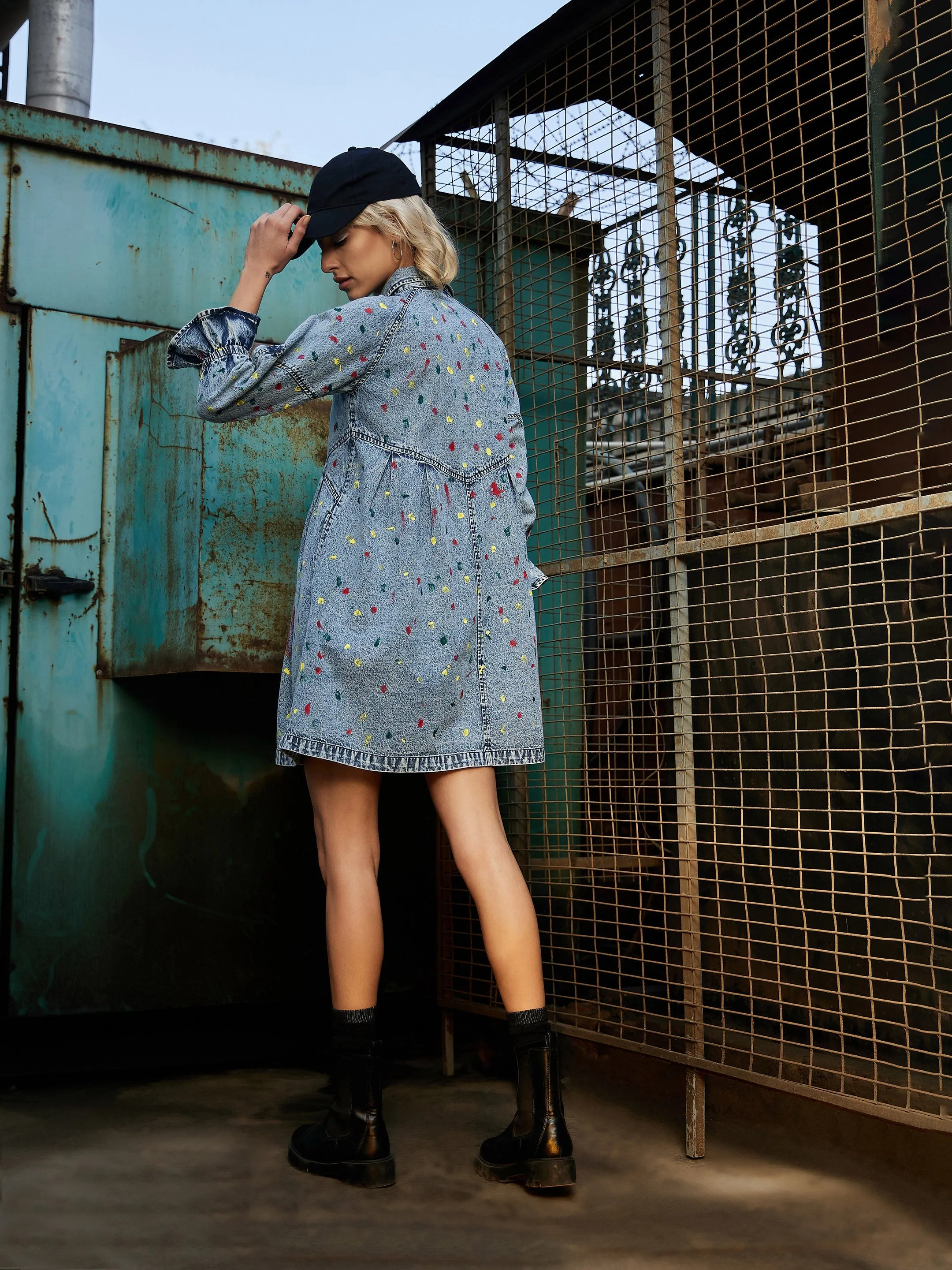 Women Blue Spray Painted Front Open Skater Dress