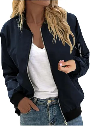 Women's Bomber Jacket 2024 Casual Fall Coats Fashion Zip Up Long Sleeve Outerwear Windbreaker with Pockets, Large