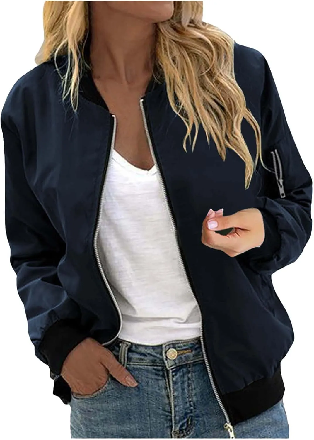 Women's Bomber Jacket 2024 Casual Fall Coats Fashion Zip Up Long Sleeve Outerwear Windbreaker with Pockets, Large