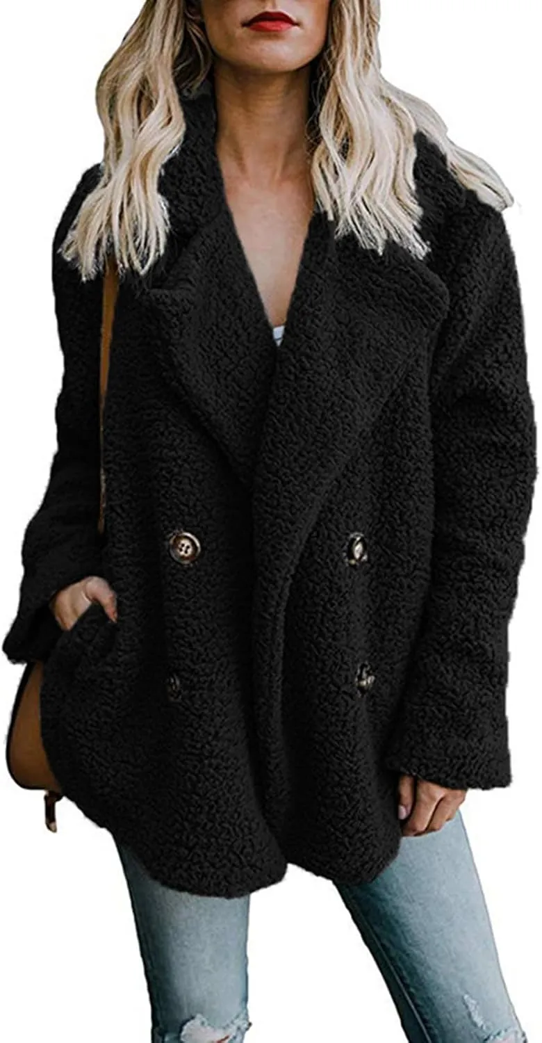 Womens Classic Trendy Solid Fleece Coat Double Breasted Long Sleeve Outwear Warm Loose Soft Overcoat Winter Clothes