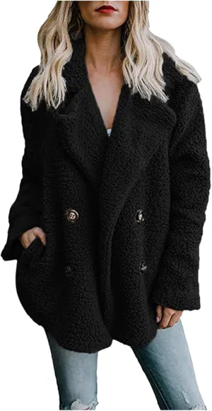 Womens Classic Trendy Solid Fleece Coat Double Breasted Long Sleeve Outwear Warm Loose Soft Overcoat Winter Clothes