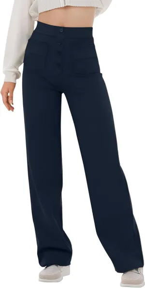 Women's High Waisted Straight Leg Pants Stretchy Business Casual Pants Button Down Work Trousers with Pockets