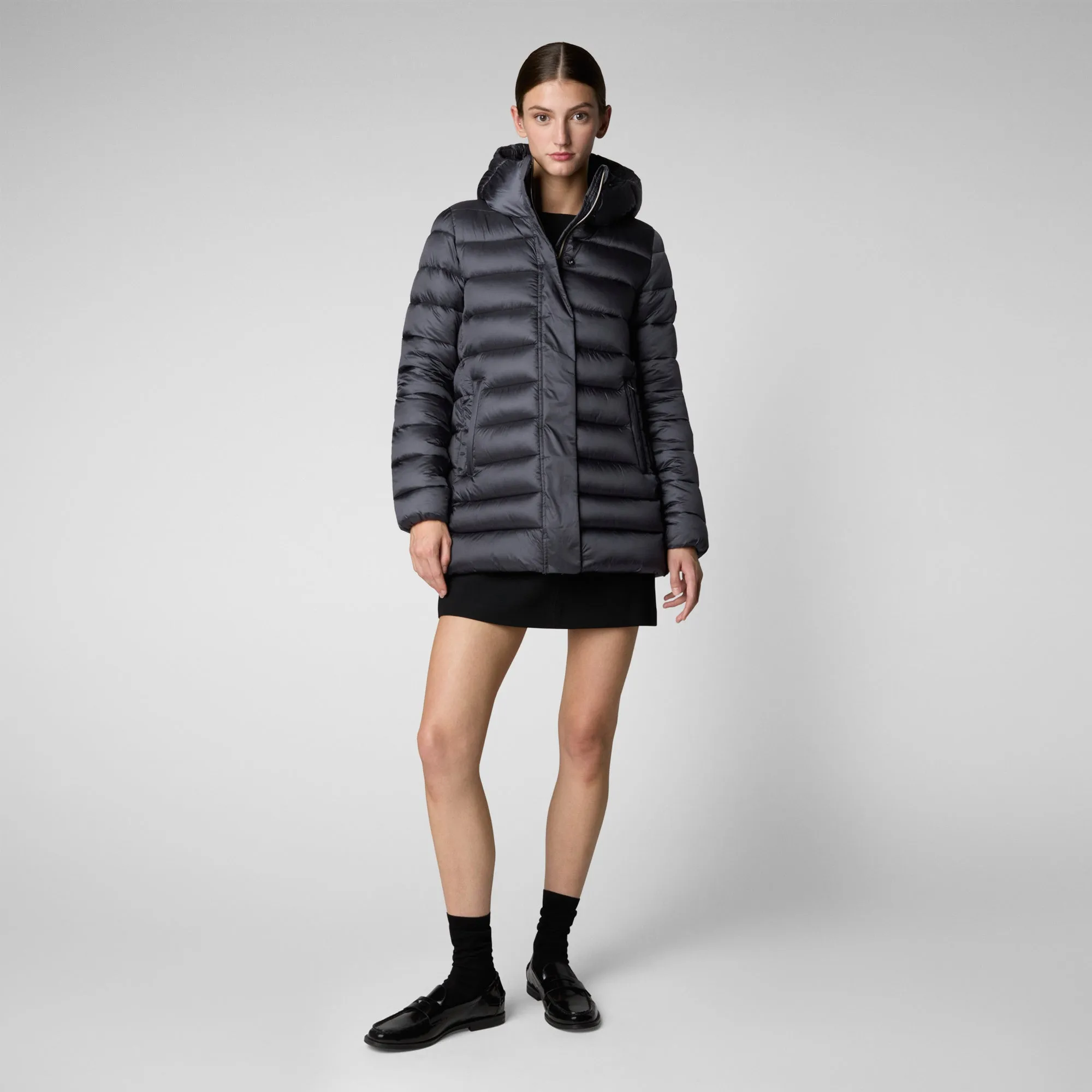 Women's Hooded Animal free Puffer Coat Drimia in Ebony Grey