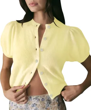 Womens Lightweight Summer Puff Short Sleeve Cardigan Sweaters Button up Y2k Knit Thin Cropped Cardigans