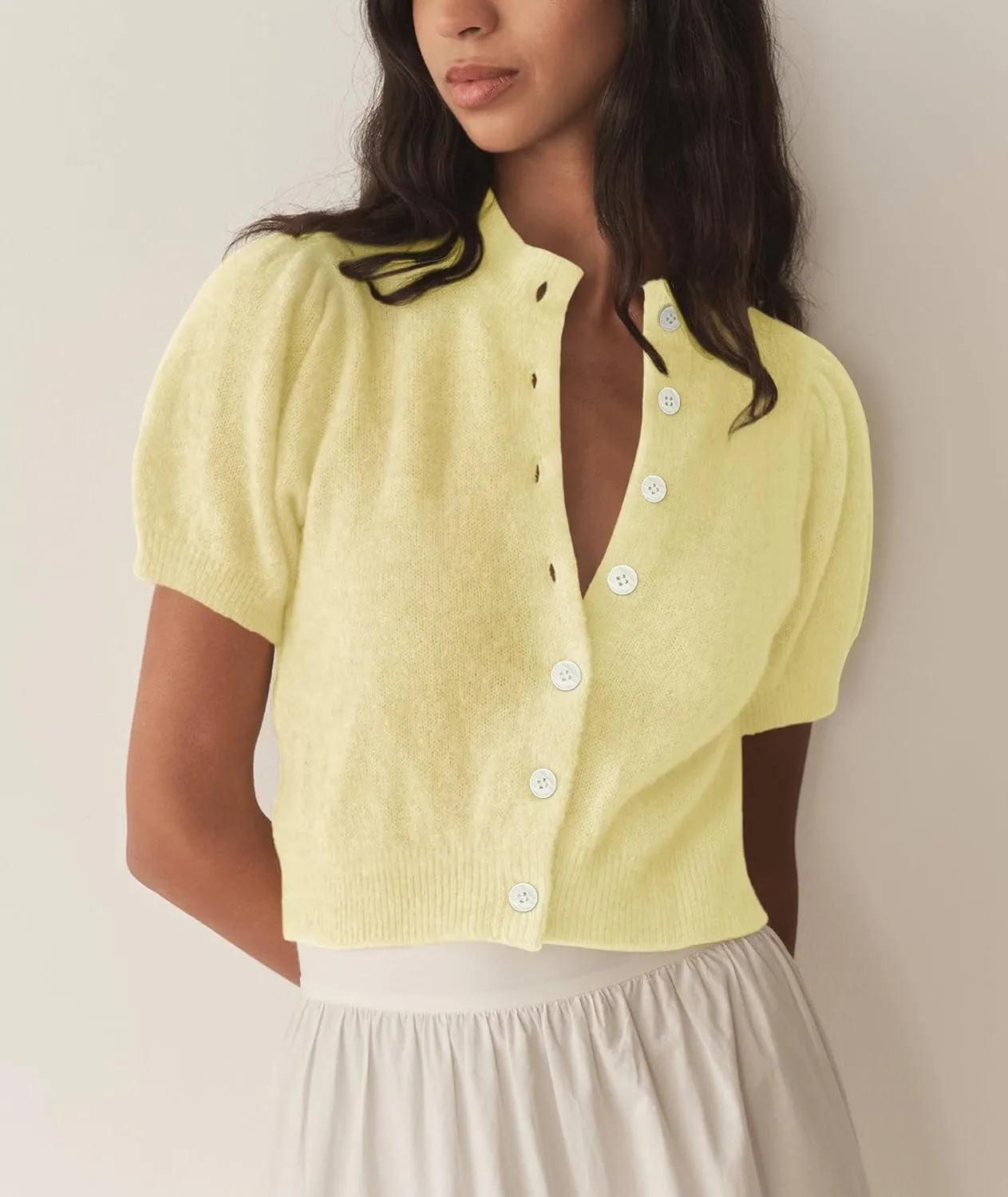 Womens Lightweight Summer Puff Short Sleeve Cardigan Sweaters Button up Y2k Knit Thin Cropped Cardigans