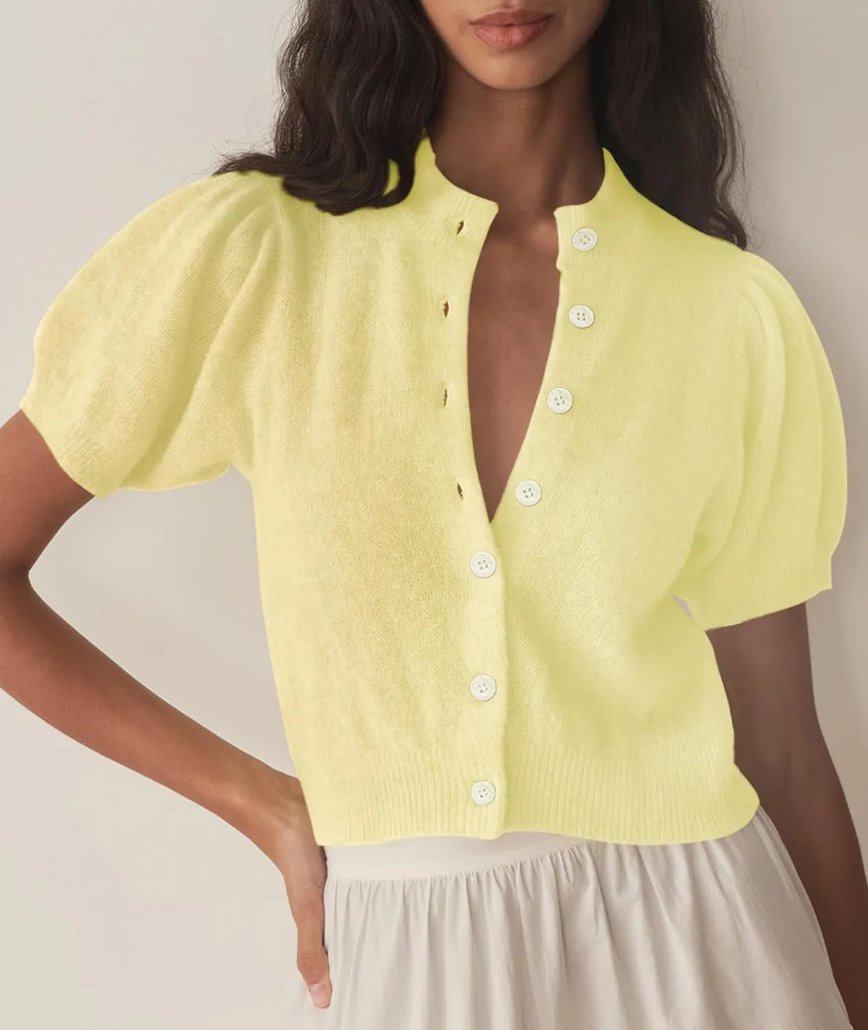 Womens Lightweight Summer Puff Short Sleeve Cardigan Sweaters Button up Y2k Knit Thin Cropped Cardigans