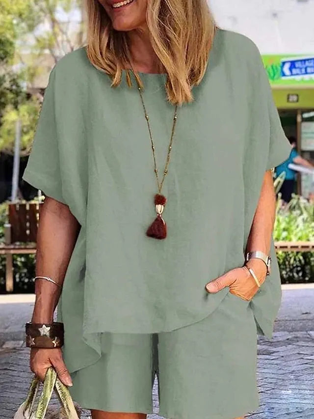 Women's Loungewear Sets Pure Color Fashion Comfort Soft Home Daily Vacation Cotton Breathable Crew Neck Short Sleeve Shorts Pocket Elastic Waist Summer Spring White Army Green
